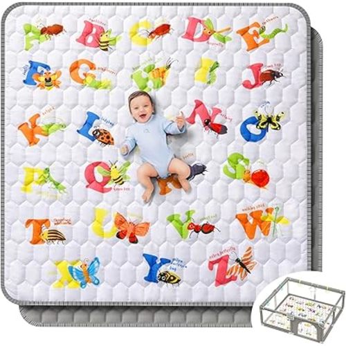 Gimars 50”x50” Padded Play Mat, Cute Pattern Design Play Playpen Mat, Thick One-Piece Foam Baby Playmat for Floor,Non-Slip & Machine Washable Crawling Mat for Infants,Toddlers, Foldable for Easy Store