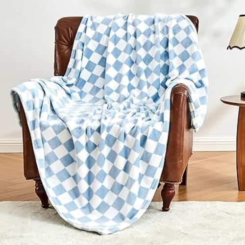 Checkered Blanket Flannel Throw Blankets Soft Cozy Checkered Grid Print Chessboard Gingham Pattern Throws for Bed Sofa Couch for All Seasons, 60x80 Inch, Blue