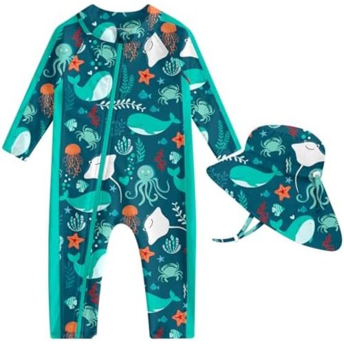 UNIFACO Baby Boy Swimsuit UPF 50+ Sun Protection One Piece Zip Bathing Suit with Sun Hat Infant Sunsuit Swimwear