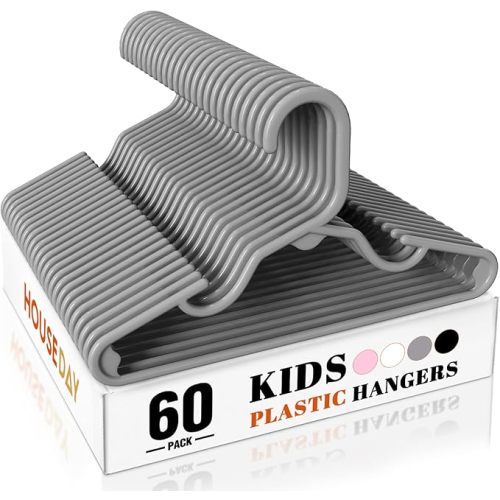 HOUSE DAY Premium Baby Hangers 60 Pack, 11 Inch Kids Plastic Hanger Grey, Slim Childrens Hangers for Infant, Toddler, and Child Clothes, Durable Baby Clothes Hanger for Closet