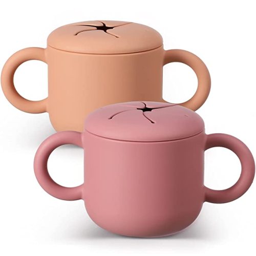 2 Pack Silicone Snack Cup Toddlers Sippy Cup Snack Containers with Double Handles Removable Lid for Toddler Baby Infants Training Cup for 6 Month+ (Orange Red, Dark Pink, 2 Pack)