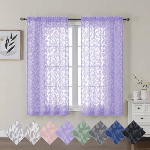 OVZME Leila Lavender Sheer Curtains 45 Inch Length Set of 2, Light Filtering Textured Leaf Jacquard Semi Sheer Small Window Curtain for Kitchen Living Room with Rod Pocket, 40Wx45L Inch, Lavender