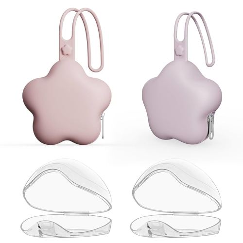 4 Pack Pacifier Holder Case,2pcs Silicone Portable Pacifier Pouch and 2pcs Transparent Nipple Holder Case Container, On-The-GO Pacifier Storage Container Box,BPA Free, Easy to Clean(Pink+Purple)
