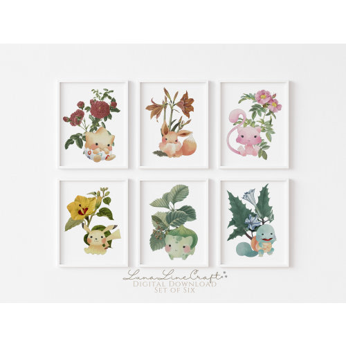 Set of Six Vintage Botanicals & Poke Monster | Floral Antique Watercolor Printable Gallery Wall Art | Cottagecore Nursery | Digital Download