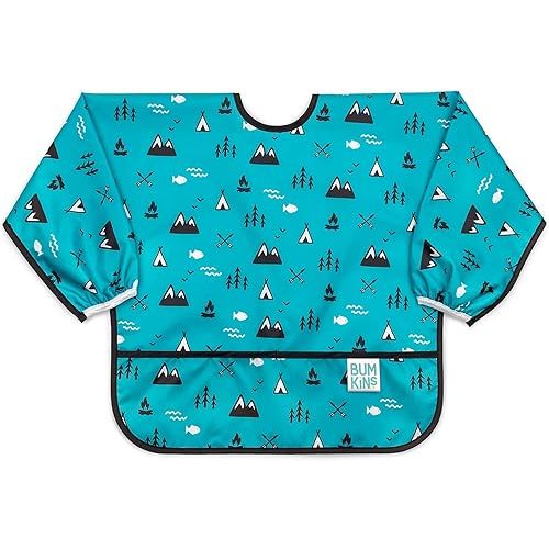 Bumkins Sleeved Bib for Girl or Boy, Baby and Toddler for 6-24 Mos, Essential Must Have for Eating, Feeding, Baby Led Weaning Supplies, Long Sleeve Mess Saving Food Catcher, Fabric, Outdoors Blue