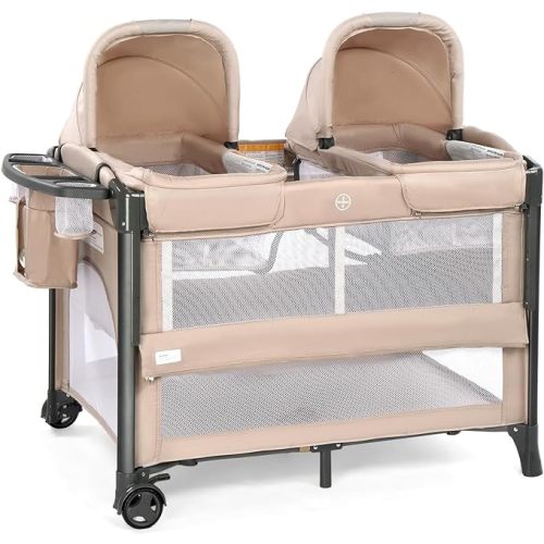 JOYMOR Twin Bassinet for Baby, Beige Bedside Bassinet, Convertible to Bedside Sleeper and Playpen, with Wheel, Brake, Foldable Side Sleeper,Beige
