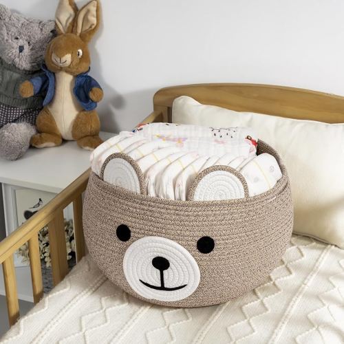 CherryNow Baby Basket for Nursery, Bear Gift Baskets for Kids, Baby Shower Basket with Handles, Small Cute Animal Baskets, Light Brown, 15.7" D x 10.5" H