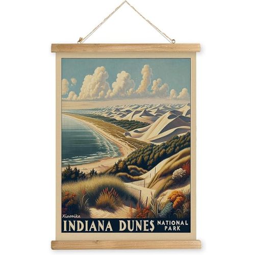 XIAOAIKA Vintage Indiana Dunes National Park Travel Poster with Wooden Scroll Frame – Holiday Decoration or Gift for Living Room, Bedroom, Office Wall Decor, Retro Art Print 16 x 23 Inches