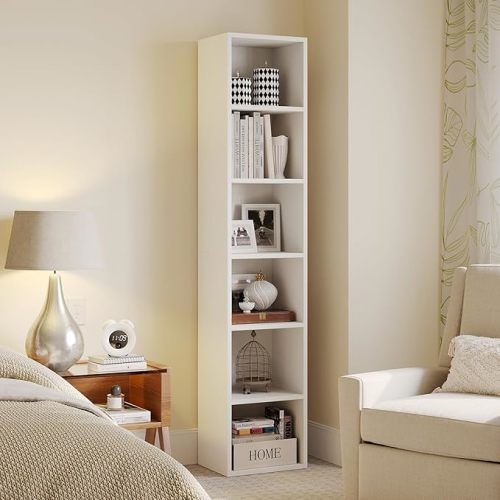 MXV Narrow Bookshelf, 6-Tier Open Bookcase, Coner Shelf, Storage Shelves, Display Storage Shelves, Floor Standing Unit, Home Decor, Furniture for Home Office, Living Room, Bedroom, White