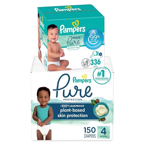 Pampers Pure Protection Disposable Baby Diapers Size 4, One Month Supply (150 Count) with Aqua Pure Baby Wipes, 6X Pop-Top Packs (336 Count)