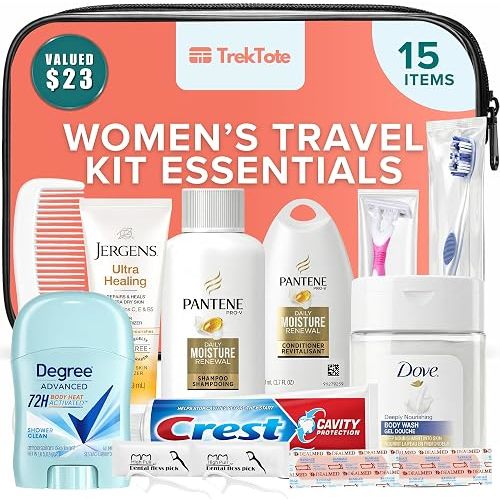 Stuhrling Bottle Trektote Toiletry Kit For Women, Featuring Top Brand Toiletries for Whole Body, TSA Compliant Travel Essentials with Shampoo, Conditioner, Lotion, Toiletry Bag & More, 15 Piece Set