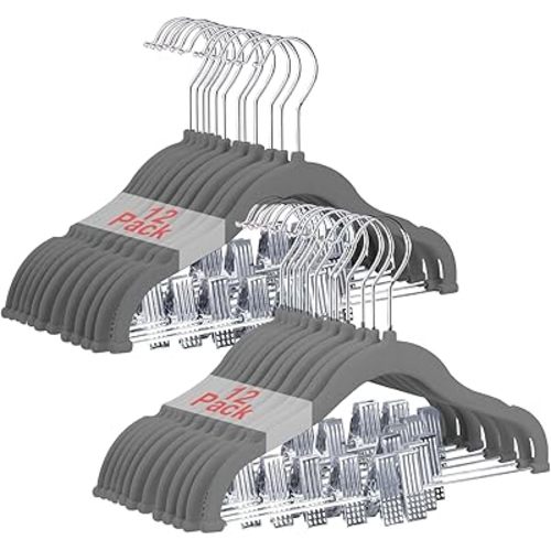 Baby Clothes Hangers with Clips, 24 Packs Kids Velvet Clothes Hangers, Heavy-Duty Childrens Hangers, Storage Organizer Clothing Hangers for Shirts, Pants, Skirts, Dresses, Jackets, Coat Gray