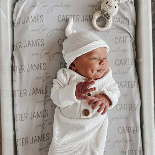 Personalized Taupe Baby Name Swaddle Blanket - Block & Script