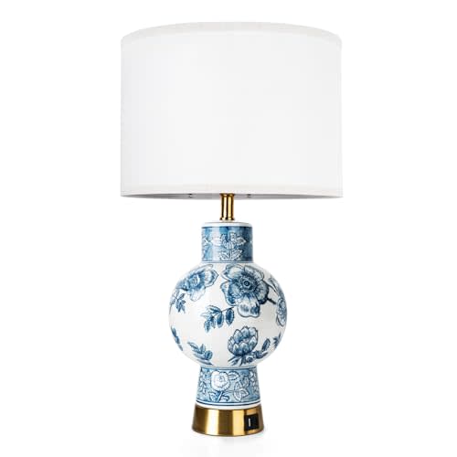 Vase-designed Table Lamp for Bedroom, Bedside Lamps for Nightstand, Minimalist Night Stand Light Lamp with Type-C and USB Ports, Classic Desk Table Lamp for Bedroom, Living Room, Dining Room, Office