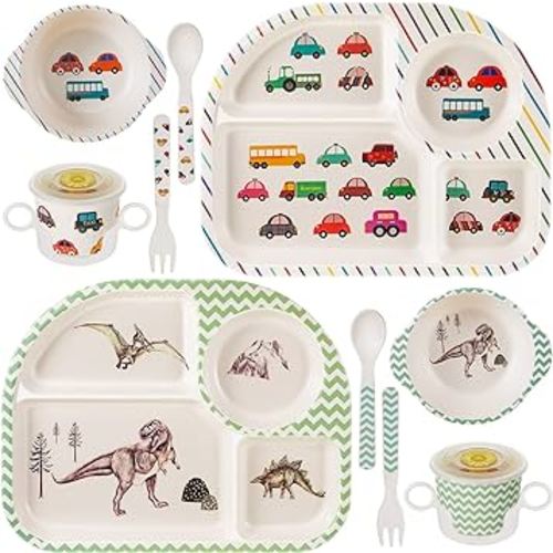 Roshtia 10 Pcs Cartoon Bamboo Kids Dinnerware Set Dinosaur Car Plate and Bowl Set Dishwasher Safe Kids Dish Set Toddler Plates and Utensils Set Car Dinosaur Forks and Spoons for Kids with Cup