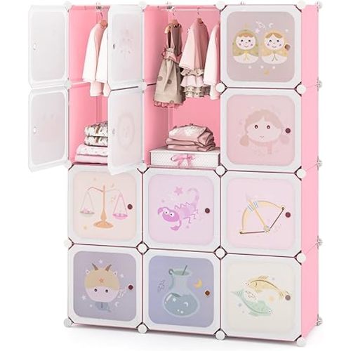 Costzon Kids Closet, Cartoon DIY Modular Dresser Storage Organizer with 12 Cubes & 2 Clothes Hanging Rack, Portable Armoire for Baby Toddlers, Kids Wardrobe for Kids Room, Bedroom, Nursery