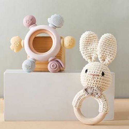 Wooden Baby Rattle Crochet Bunny and Ring Teether Set | Handmade Crochet Rattle Newborn Toy with Teether Ring | Animal Rattles for Boys and Girls | Baby Teether Toy