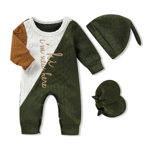 GRNSHTS Newborn Baby Boy Romper Coming Home Outfits Letter Print Bodysuit Jumpsuit+Hat+Gloves 3PCS Clothes Set
