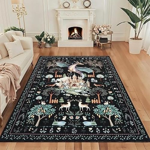 nesrt 5x7 Washable Area Rugs for Living Room Bedroom, Black Dragon Animal Print Dining Room Rugs Non Slip, Soft Botanical Forest Nursey Playroom Floor Carpets for Farmhouse Study Home Office Decor
