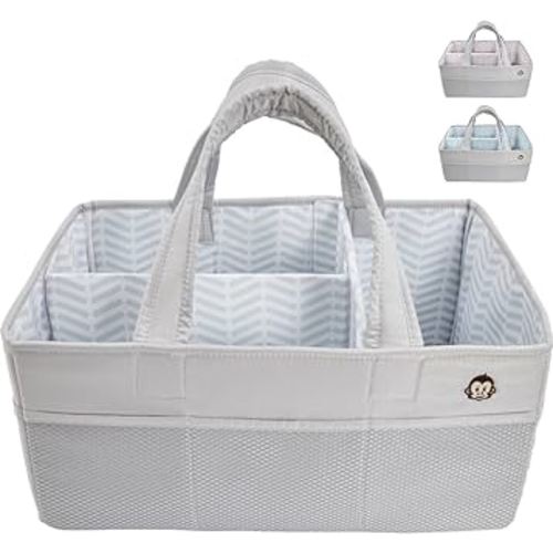 MIGHTY MONKEY Oversized Stain Resistant Baby Diaper Caddy Organizer with Handle, Adjustable Mesh Storage Bin Compartments for Diapers, Baby Wipes, Newborn Changing Table Nursery Essentials, Gray