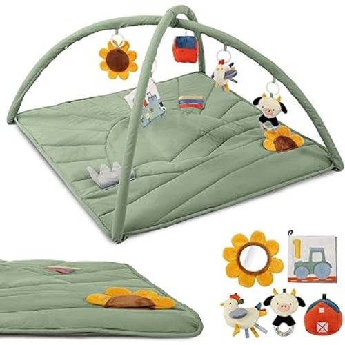 Beautiful Baby Play Gym and Tummy Time Mat - Soft Mat with 5 Farm Toys Creates The Perfect Activity Area for Your Girl/Boy - Stylish Infant Floor Playmat Fits Nicely with Any Playroom Decor