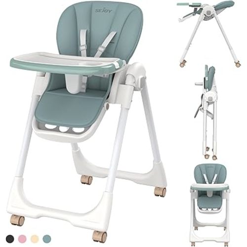 Baby High Chair with 4 Wheels for Babies & Toddlers,for 6 Months-6 Years,Up to 110 LBs/50kg,Removable Dishwasher Meal Tray,Adjustable Backrest Footrest Tray Positions Seat Heights(Green)