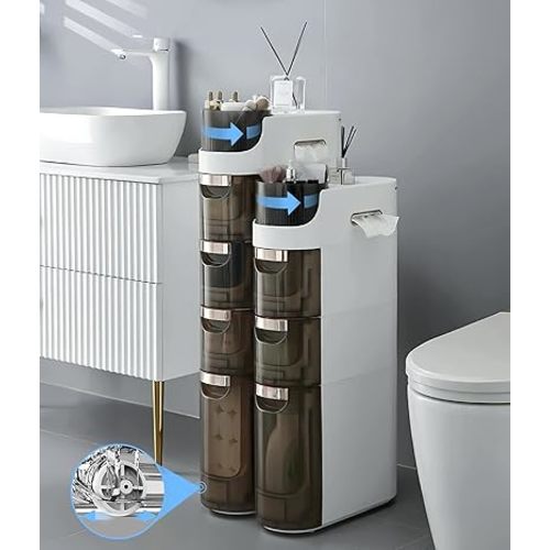 4-Tiers Slim Bathroom Storage Cabinet, Waterproof Narrow Floor Cabinet with Tissue Box and Wheels, Skinny Storage Organizer with Drawers for Small Spaces, Bathroom, Kitchen, Bedroom, 6.7″