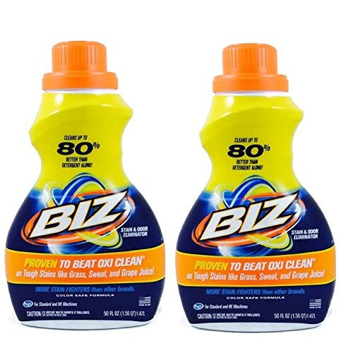 Biz Laundry Detergent Liquid Booster, Stain and Odor Eliminator for Tough Stains Like Sweat Grass and Food Grease, Best Stain Remover for Clothes, Color Safe, Bleach Free, 2 Pack, 100 fl oz Total