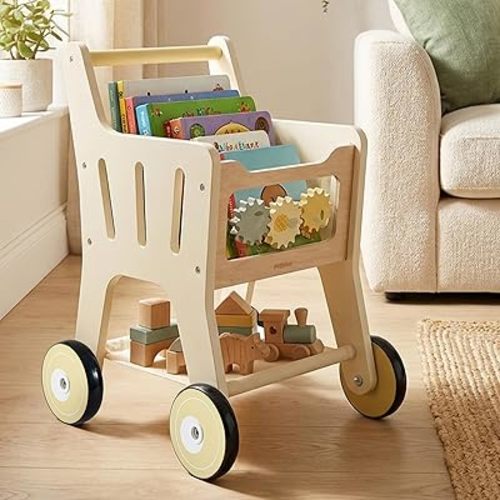 Pithfor Wooden Shopping Cart for Kids, 3 in 1 Wooden Baby Push Walker, Baby Doll Stroller, Toy Shopping Cart for Toddlers 1-3