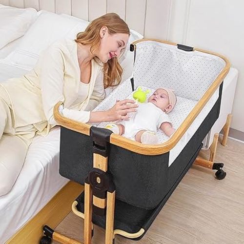 Baby Bassinet, 3 in 1 Bedside Crib for Newborn, 6 Height Adjustable & Easy Folding & with Mosquito Net & Storage Basket & Wheels