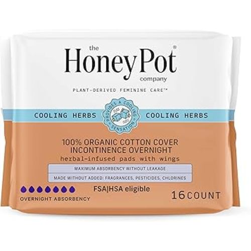 The Honey Pot Company - Herbal Pads for Women - Organic Incontinence Overnight w/Wings - Infused w/Essential Oils for Cooling Effect - Postpartum Essentials - Feminine Care - 16 ct