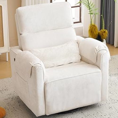 Oversized Power Recliner Chair Swivel Glider with Adjustable Headrest, Swivel Rocking Recliner Chair for Adults, 26" Extra Wide Glider Nursery Chair with Overstuffed Armrest, USB Ports, Cream