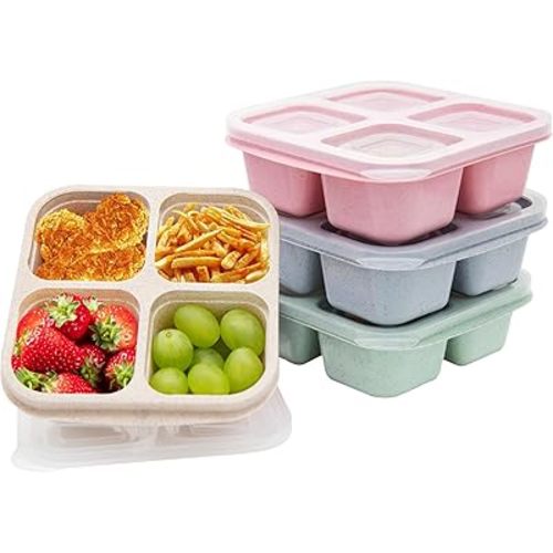 4 Pack Bento Lunch Box,4 Compartment Snack Containers,Divided Bento Snack Box,Meal Prep Containers Kids/Toddle/Adults,Food Storage Containers for School, Work and Travel