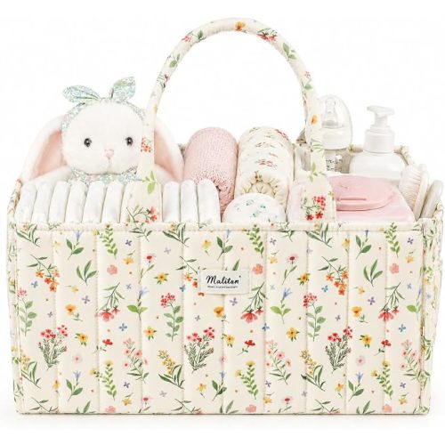 Maliton Diaper Caddy Organizer with 2 Side Pockets, Portable, Spring Floral | with Handle and Removable Dividers, Nursery Storage Basket, Car Organizer for Diapers & Wipes. Boy & Girl Shower Gift