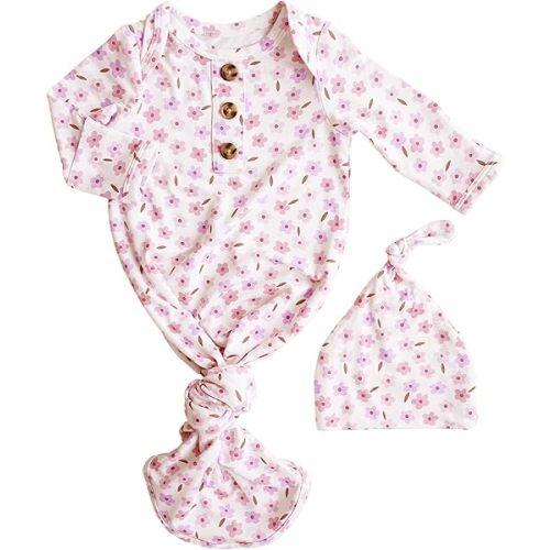 Caden Lane Newborn Knotted Gown with Hat, Soft Bamboo Viscose Baby Sleep Sack, Unisex Infant Nightgown, Breathable Sleepwear