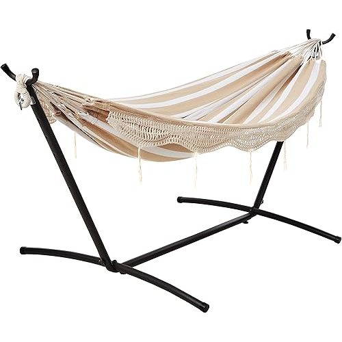 Amazon Basics Double Hammock with 9-Foot Space Saving Steel Stand and Carrying Case, 450 lb Capacity, Beige Stripe with Lace, 110 x 47 x 43 inches