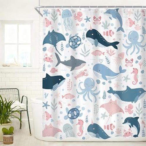 Funny Ocean Kids Shower Curtain 60Wx72H Cute Cartoon Sea Whale Fish Octopu Turtle Sealife Bathroom Curtain Set for Baby Boy Girl Nursery Blue Pink Underwater Bathroom Decor Fabric with 12 Hook