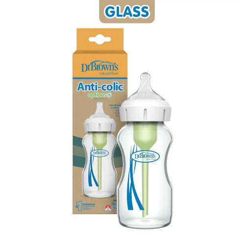 Dr. Brown's Anti-Colic Options+ Wide-Neck Glass Baby Bottle, 9 oz, Level 1 Slow Flow Nipple, 1-Pack