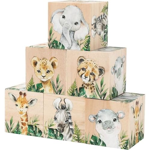 6 Pcs Jungle Animal Nursery Decoration Watercolor Safari Wooden Box Blocks Cartoon Woodland Party Shelf Decor for Kindergarten Birthday Baby Shower