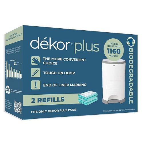 Dekor Plus Diaper Pail Biodegradable Refills | 2 Count | Most Economical Refill System | Quick and Simple to Replace | No Preset Bag Size – Use Only What You Need | Exclusive End-of-Liner Marking