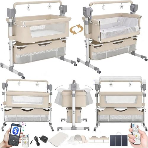 Electric Bluetooth Smart Baby Bedside Crib, Infant Bedside Cot, Convertible Foldable Baby Bassinet Crib with Remote Control, Music, 5 Swaying Gears (601 Beige)