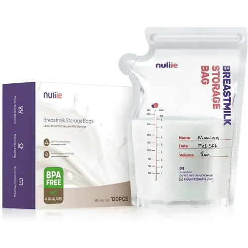 Nuliie 120 Pcs Breastmilk Storage Bags, 8 OZ Breast Milk Storing Bags, BPA-Free, Milk Storage Bags with Pour Spout for Breastfeeding, Self-Standing Bag, Space Saving Flat Profile