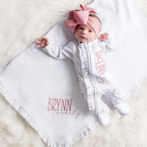 Personalized Baby Girl Ruffle Sleeper Set with Big Bow Headband – Junie Grace
