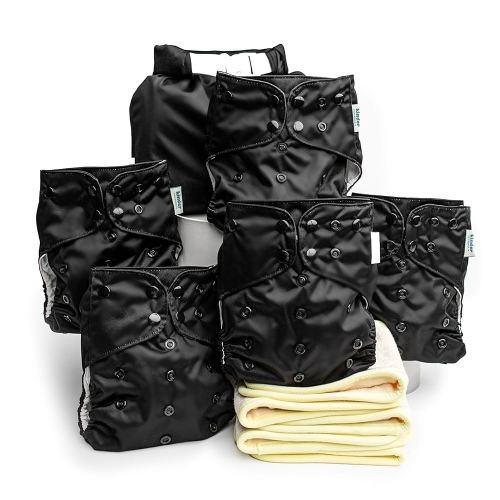 Kinder Cloth Diapers Set of 5 Reusable Baby Diapers Pocket Style Athletic Wicking Jersey, Bamboo Viscose Inserts, Wet Bag, Newborn to Potty Training 7-60lbs, One Size (Midnight)