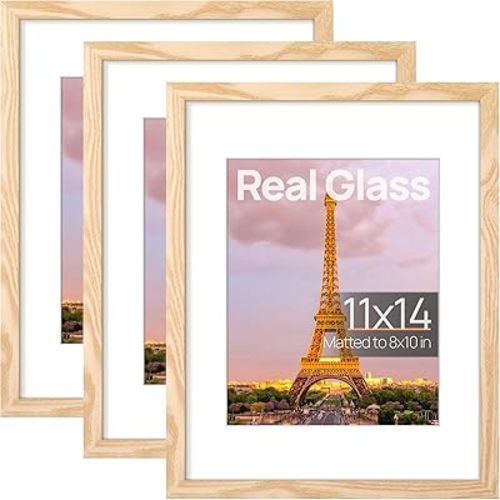 upsimples 11x14 Picture Frame Set of 3, Made of High Definition Glass for 8x10 with Mat or 11x14 Without Mat, Wall and Tabletop Display Photo Frames, Natural