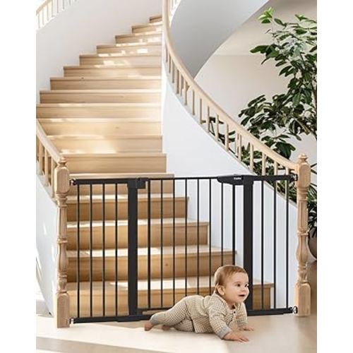 Mom's Choice Awards Winner-Cumbor 29.7"-51.5" Baby Gate Extra Wide, Safety Dog Gate for Stairs, Easy Walk Thru Auto Close Pet Gates for The House, Doorways, Child Gate Includes 4 Wall Cups, Black