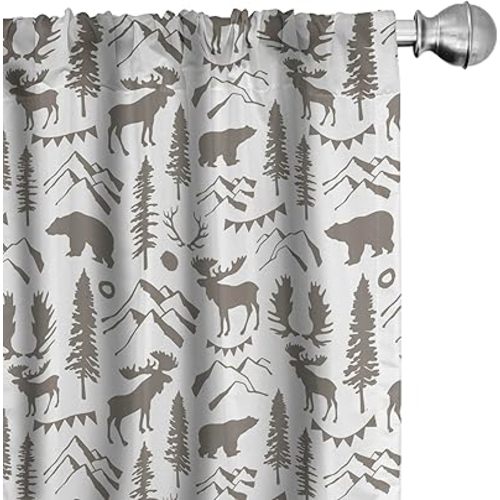 Ambesonne Northwoods Window Curtains, Forest Elements with Bear Moose Trees and Mountains Wildlife Nature Theme, Lightweight Decor 2-Panel Set with Rod Pocket, Pair of - 28" x 84", Taupe White