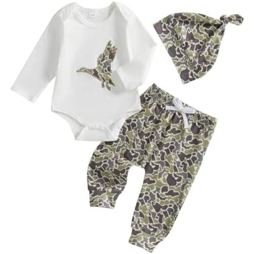 Newborn Baby Boy Hunting Clothes Mallard Duck Embroidery Romper Bodysuit Long Pants Hat Set Fall Winter Outfits