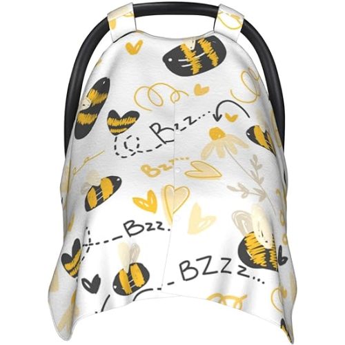Cute Bees Car Seat Cover for Baby, Peekaboo Opening Carseat Cover Nursing Cover Canopy for Toddler Newborn Shower Gift