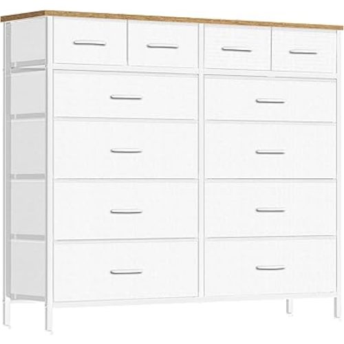 Compact 12 Drawers Dresser for Bedroom, Fabric Storage Tower, Chest of Drawers with Retro Wood Top for Closet, Nursery, Living Room
